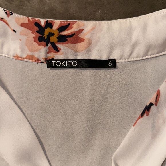 TOKITO 4 White Pink Navy Floral Button Front Bell Sleeve Peplum Tie Blouse - Picture 10 of 12